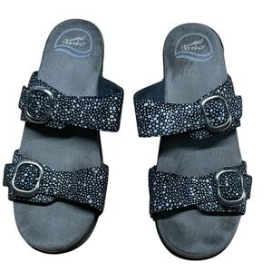 Dansko Sophie Shagreen Black Leather Polka Dot Wedge Heel Sandals Size 7
